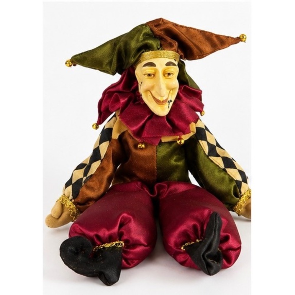 Vintage Court Jester Harlequin Dolls Set of 2 Hand Painted Faces Satin Costumes